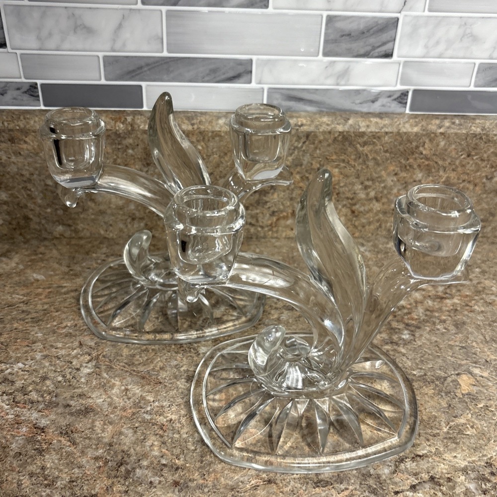 VTG PAIR (2) of FOSTORIA CRYSTAL CLEAR ‎ BAROQUE  DOUBLE CANDELABRAS